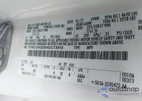 2017 Ford Escape Se из США, поврежденный, VIN 1FMCU0GD5HUC73915